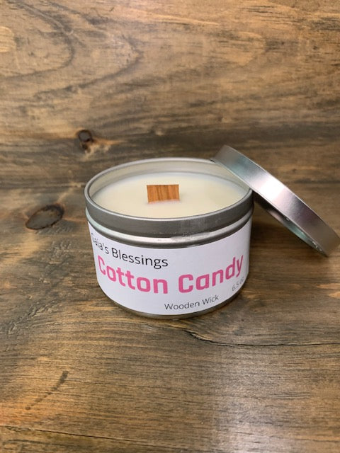Cotton Candy fragrance candle in tin w/ wood wick
