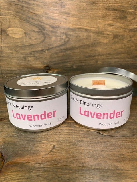 Lavender fragrance candle in tin w/ wood wick