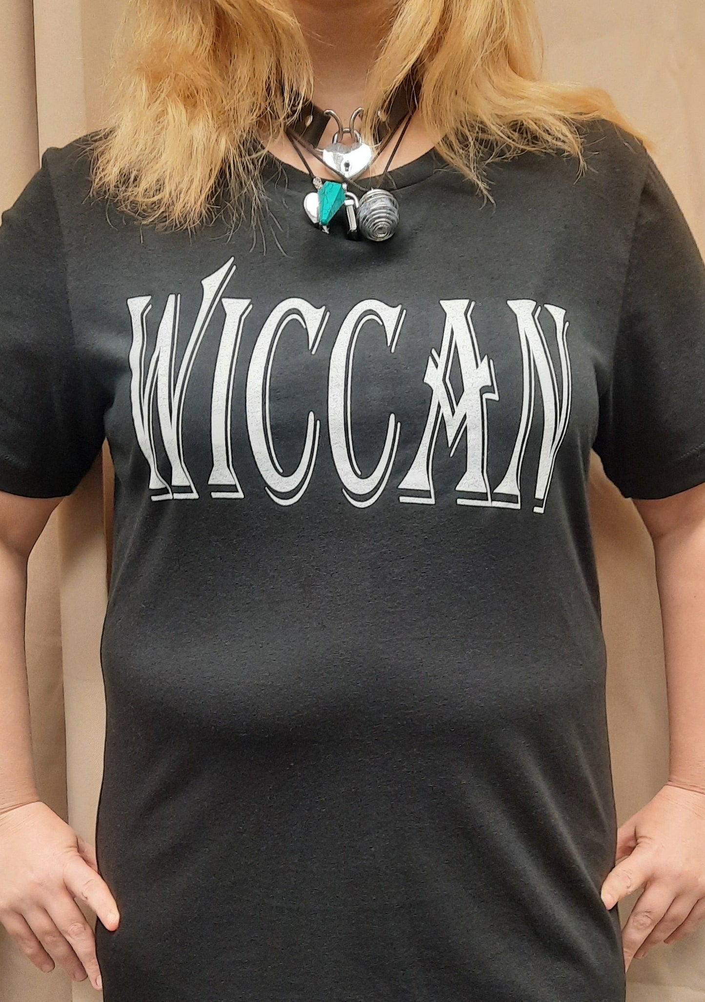 Bella Canvas short sleeve T-Shirt, size XL.  "Wiccan" design on front, Earth, Air, Fire, Water & Spirit design on back.