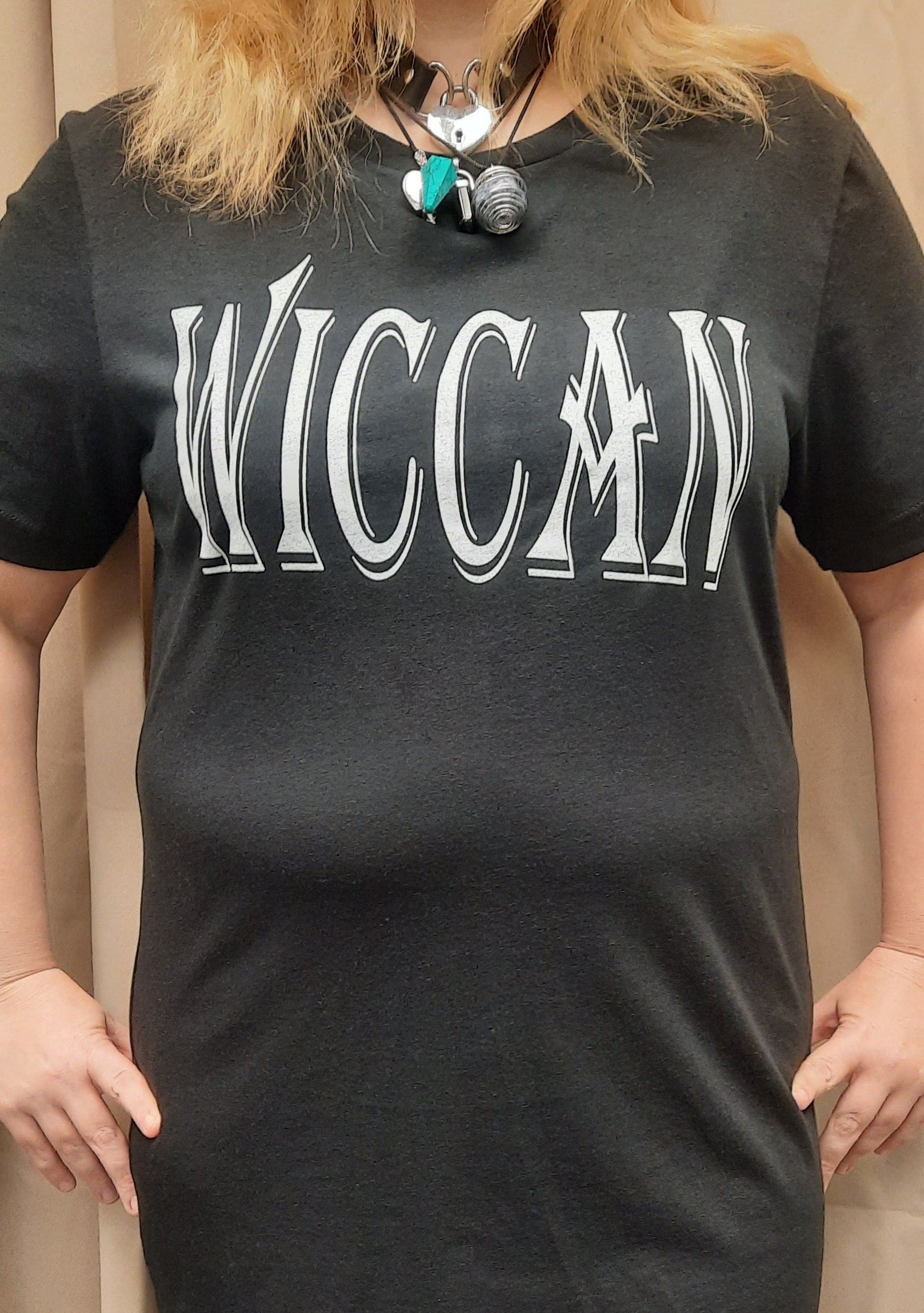 Bella Canvas short sleeve T-Shirt, size medium.  "Wiccan" design on front.  Earth, Air, Fire, Water, Spirit design on back.