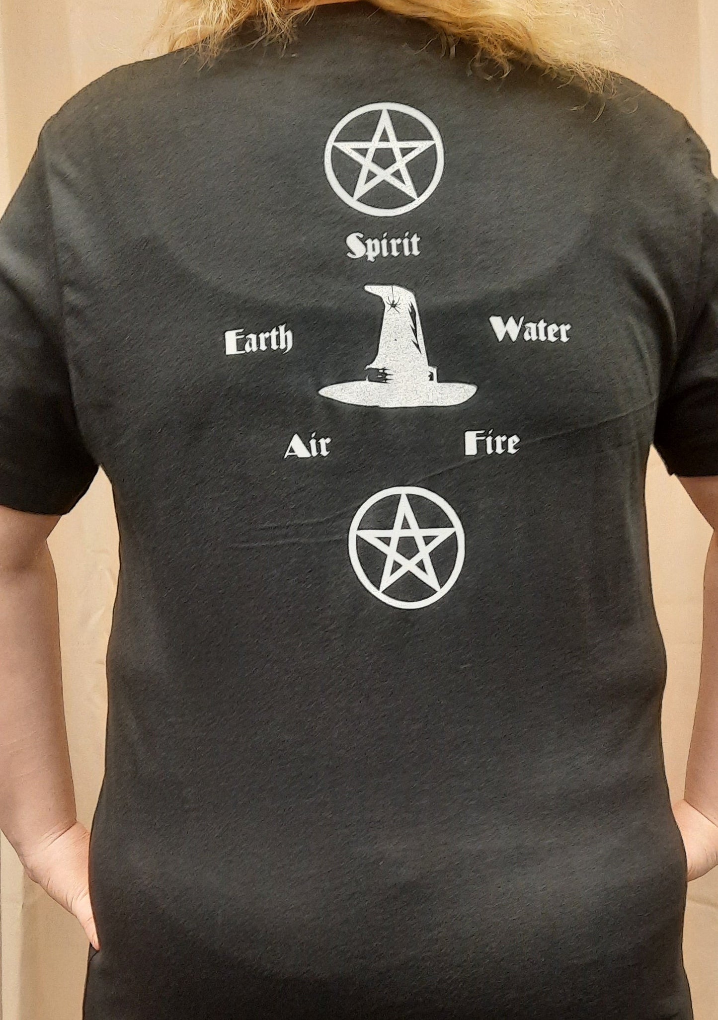 Bella Canvas short sleeve T-Shirt, size small. "Wiccan" design on front, Spirit, Earth, Air, Fire, Water design on back..