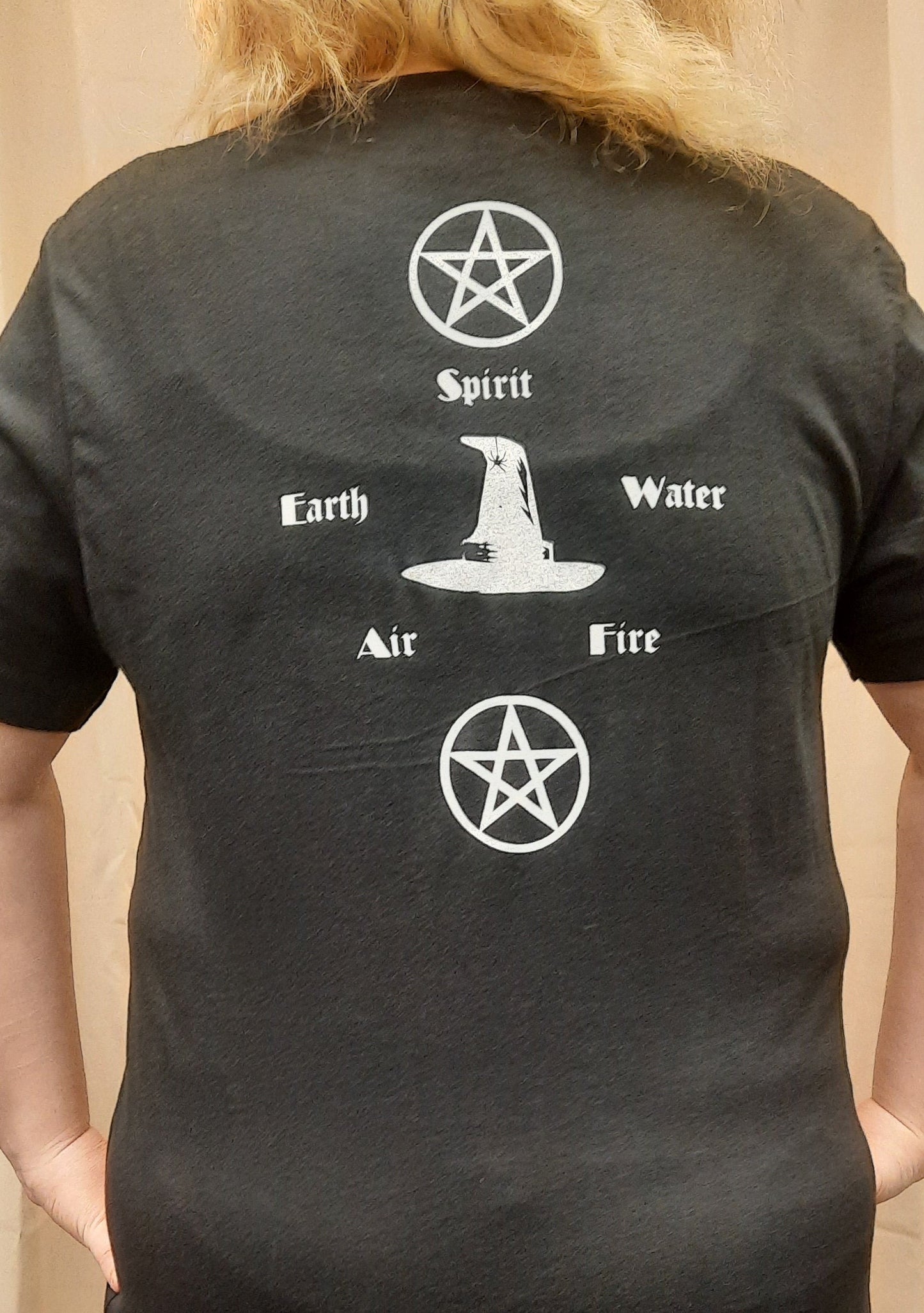 Bella Canvas short sleeve T-Shirt, size XL.  "Wiccan" design on front.  Earth, Air, Fire, Water, Spirit design on back.