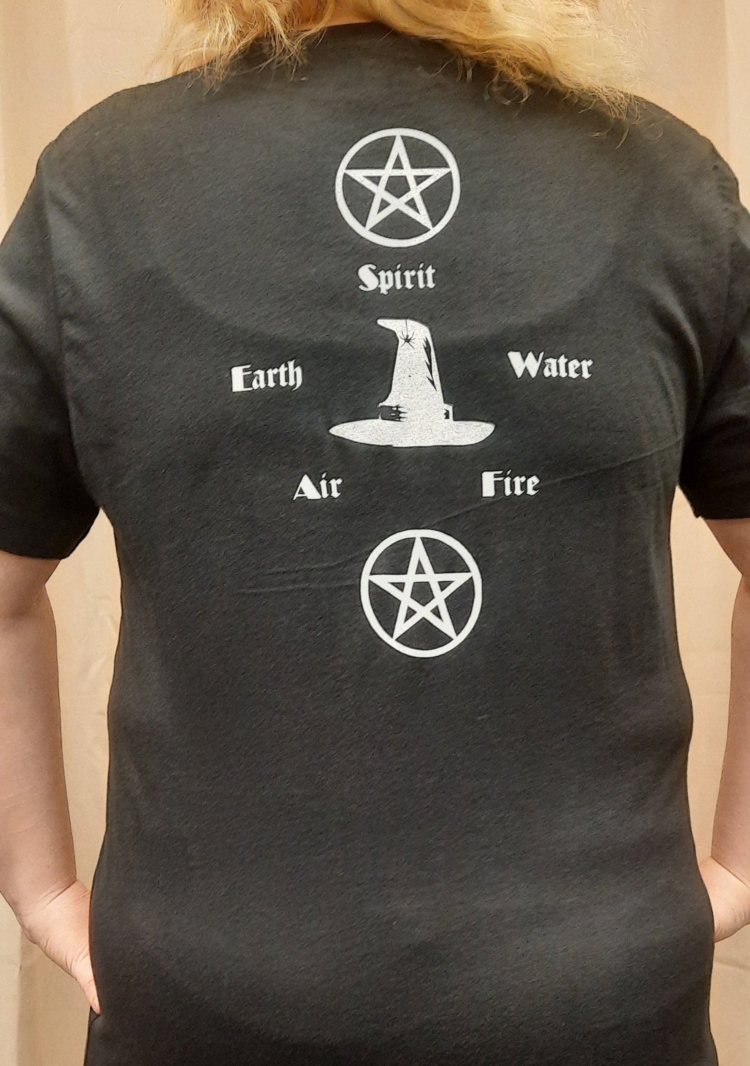 Bella Canvas short sleeve T-Shirt, size large. "Wiccan" design on front, Spirit, Earth, Air, Fire, Water design on back..