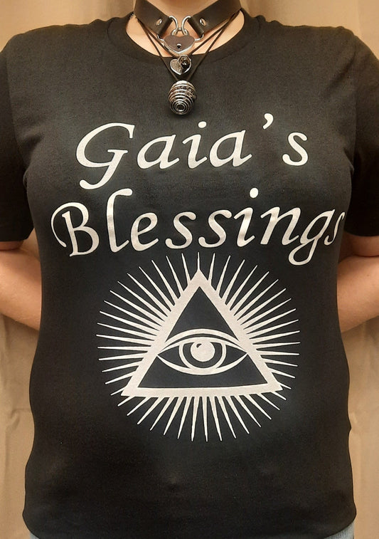 Bella Canvas short sleeve T-Shirt, size small.  "Gaia's Blessings" logo with 3rd Eye design.