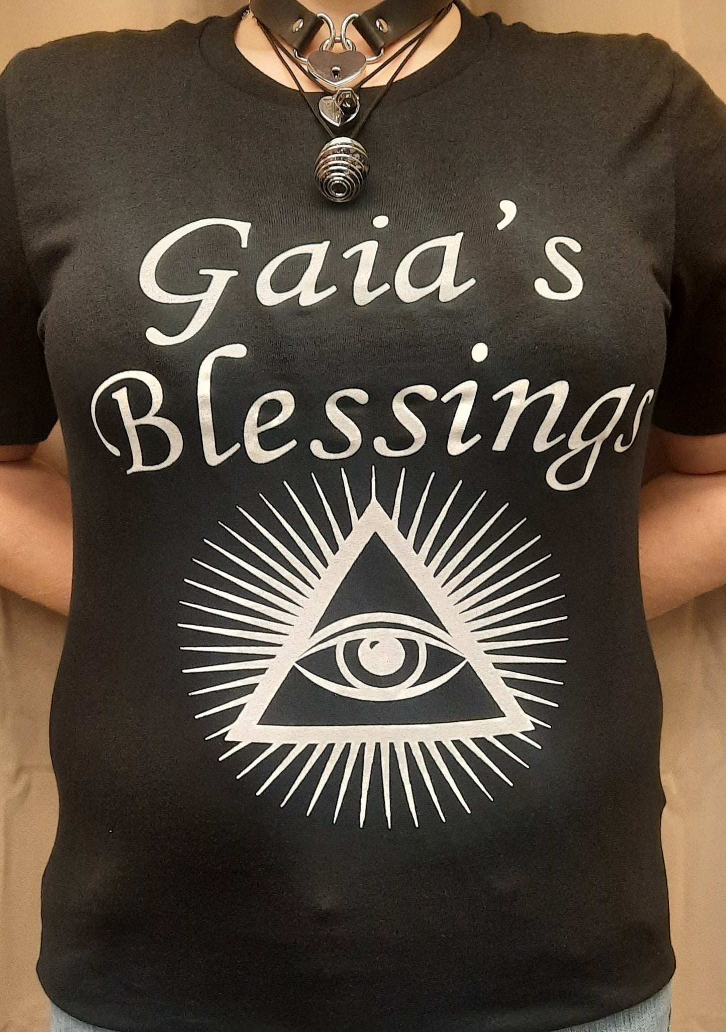 Bella Canvas short sleeve T-Shirt, size medium.  "Gaia's Blessings" logo with 3rd Eye design.