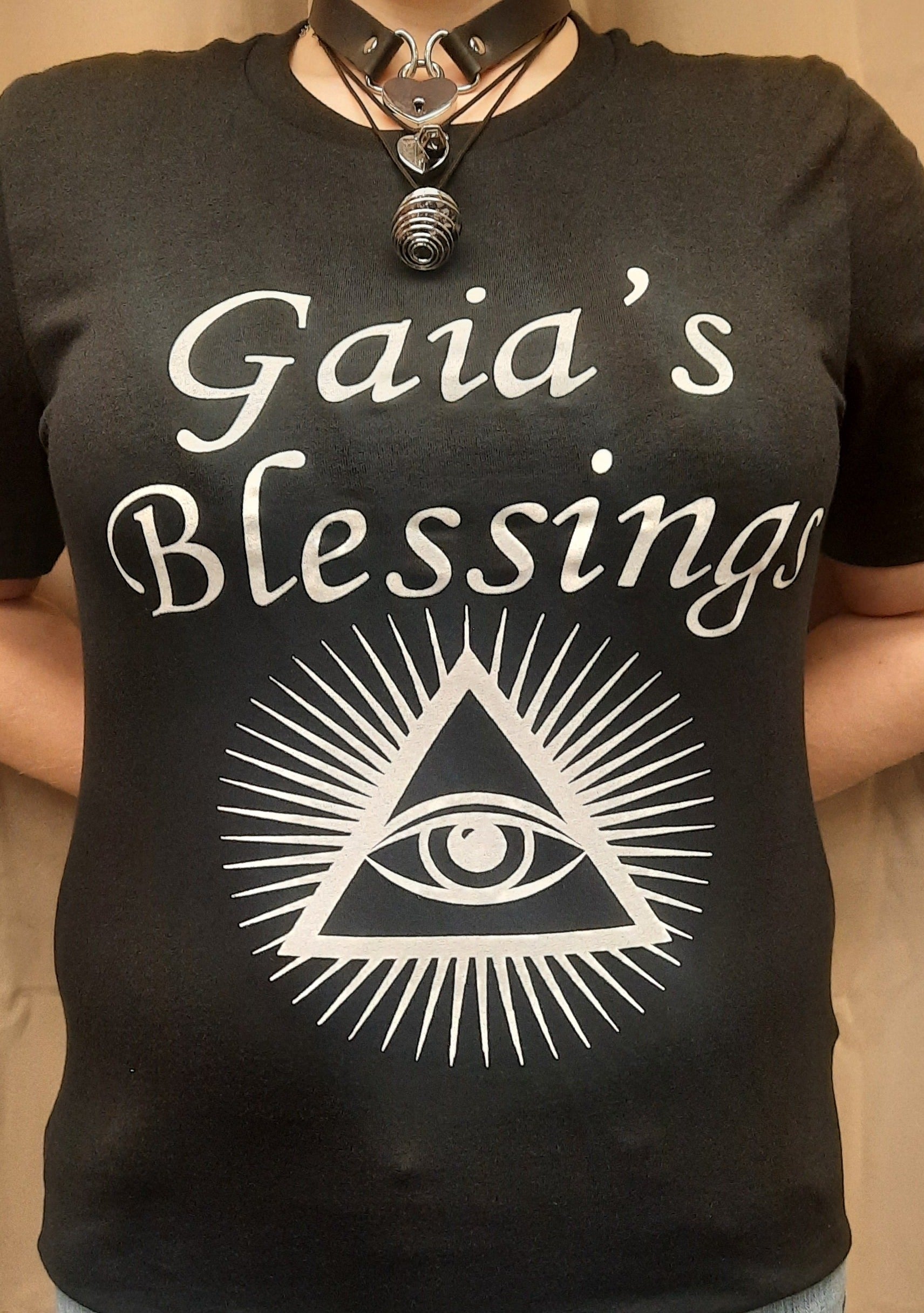 Bella Canvas short sleeve T-Shirt, size large.  "Gaia's Blessings" logo with 3rd Eye design.