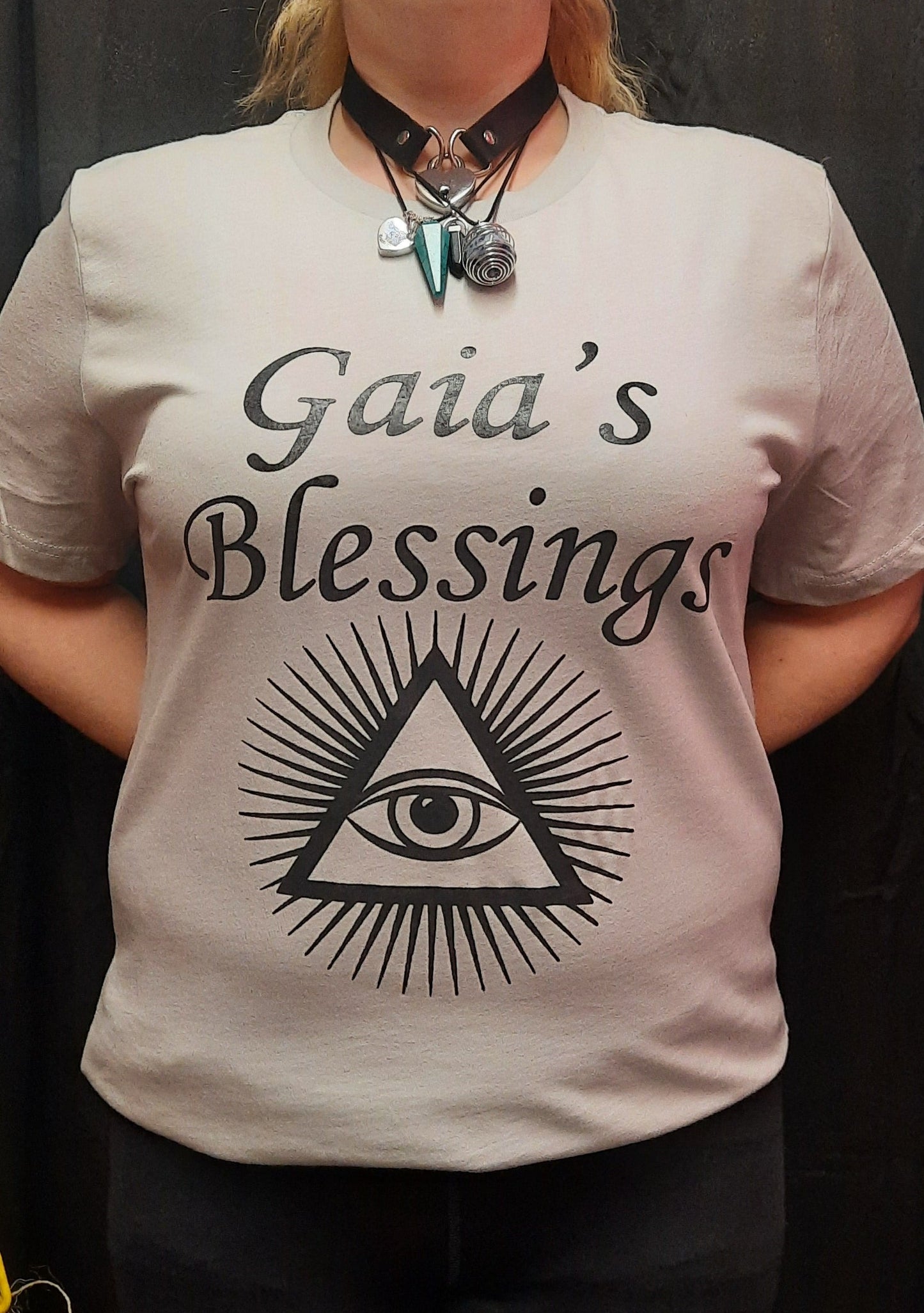 Bella Canvas short sleeve T-Shirt, size small.  "Gaia's Blessings" logo with 3rd Eye design.