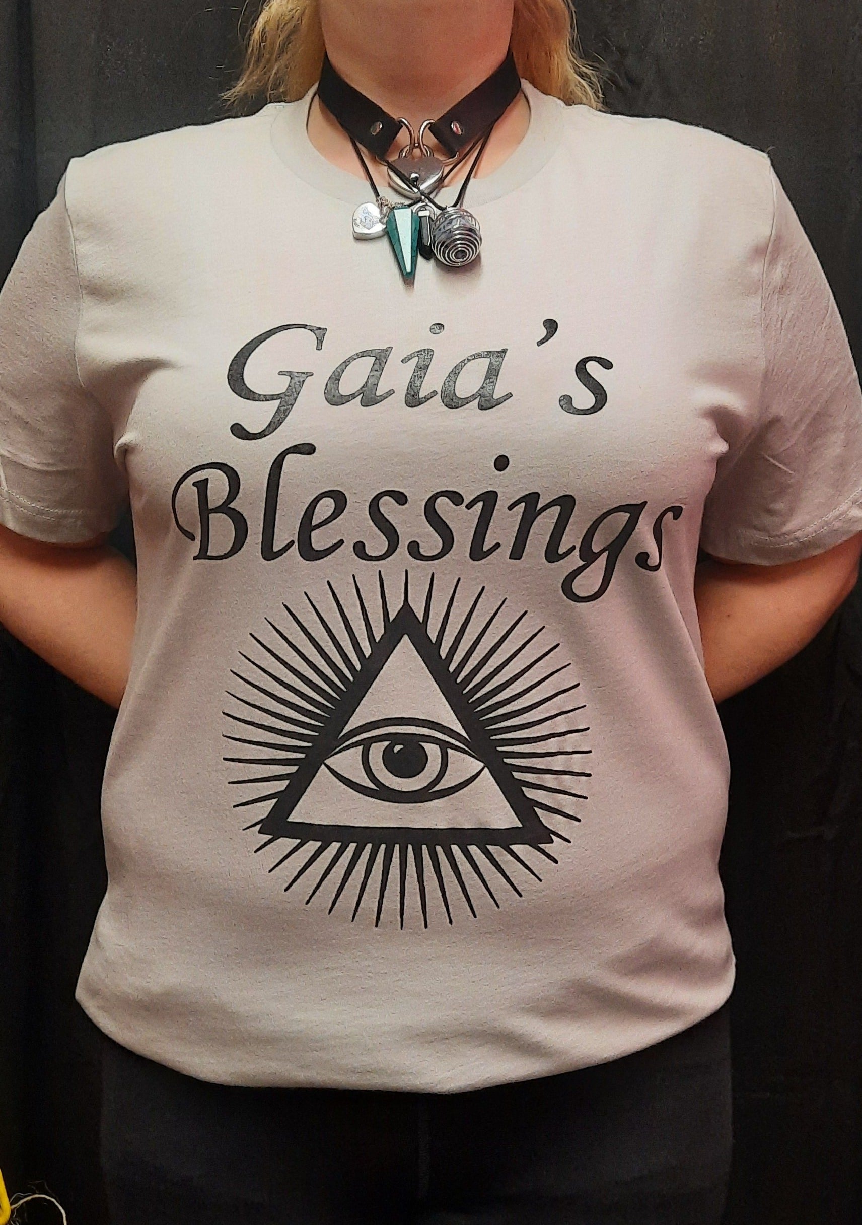 Bella Canvas short sleeve T-Shirt, size small.  "Gaia's Blessings" logo with 3rd Eye design.