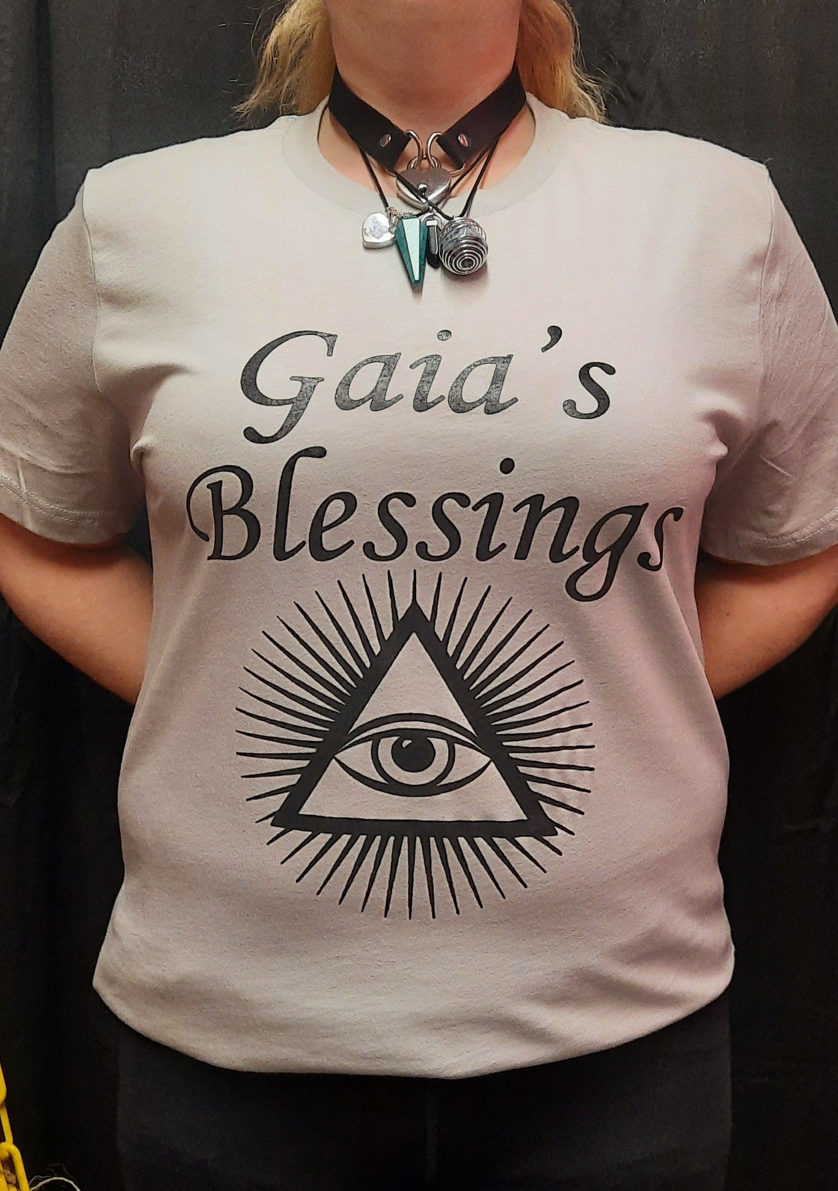 Bella Canvas short sleeve T-Shirt, size large.  "Gaia's Blessings" logo with 3rd Eye design.