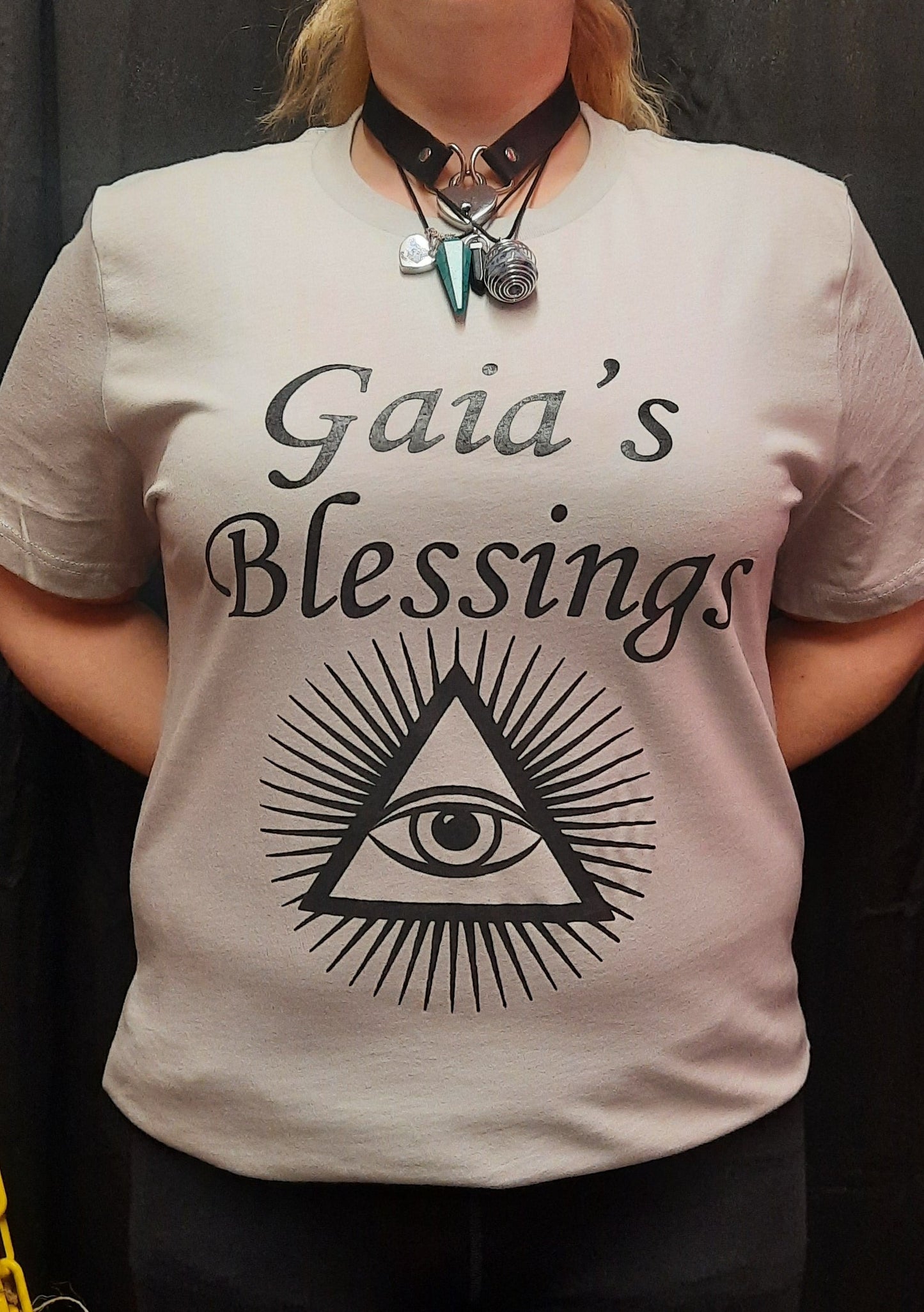 Bella Canvas short sleeve T-Shirt, size large.  "Gaia's Blessings" logo with 3rd Eye design.