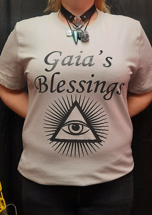 Bella Canvas short sleeve T-Shirt, size medium.  "Gaia's Blessings" logo with 3rd Eye design. 