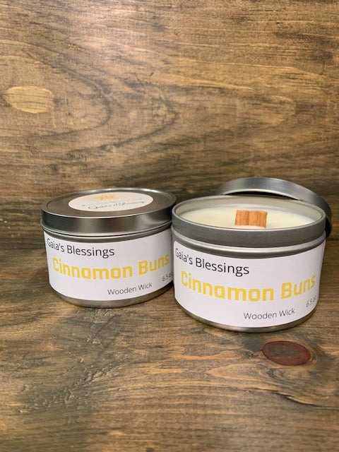 Cinnamon buns fragrance candle in tin w/ wood wick