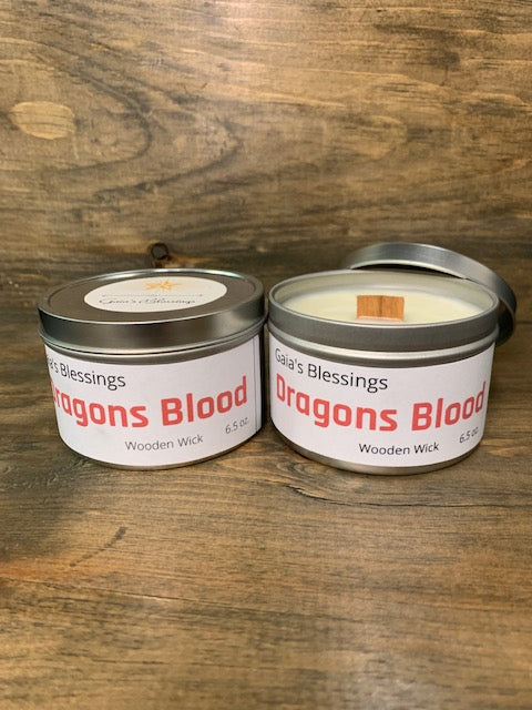 Dragon's Blood fragrance candle in tin w/ wood wick