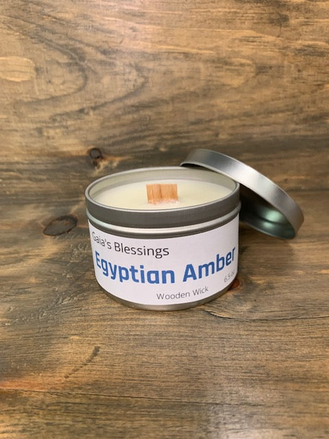Egyptian Amber fragrance candle in tin w/ wood wick