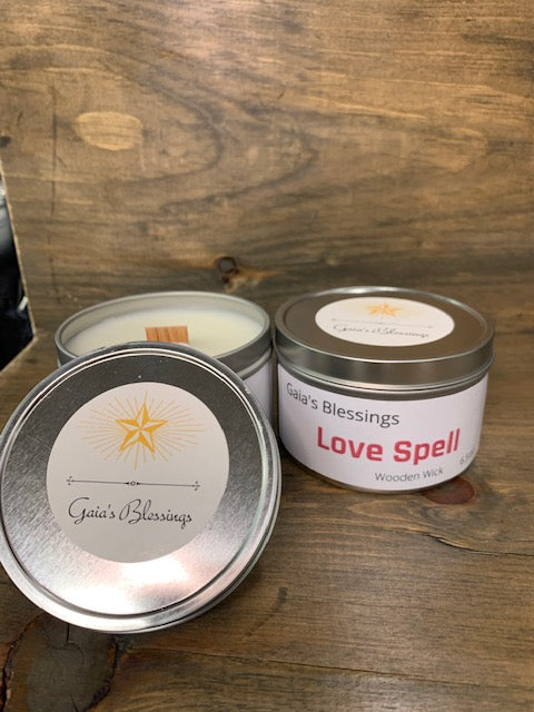 Love Spell fragrance candle in tin w/ wood wick