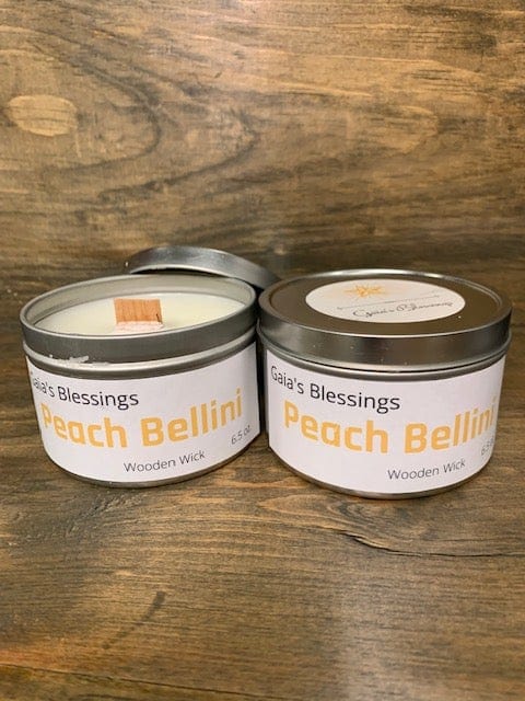 Peach Bellini fragrance candle in tin w/ wood wick
