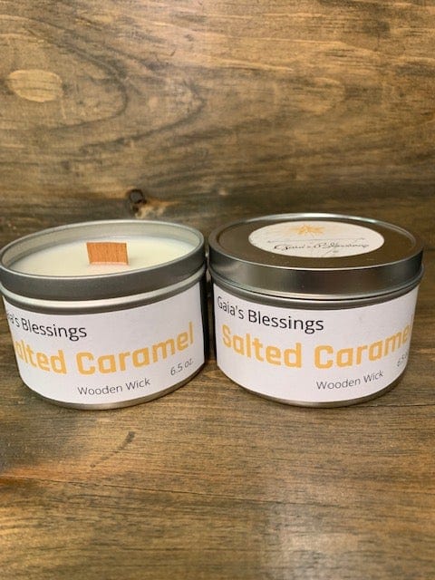 Salted Caramel fragrance candle in tin w/ wood wick