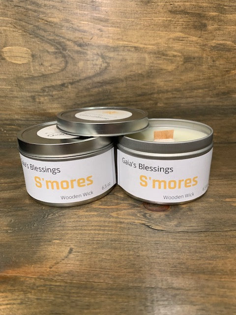 S'mores fragrance candle in tin w/ wood wick