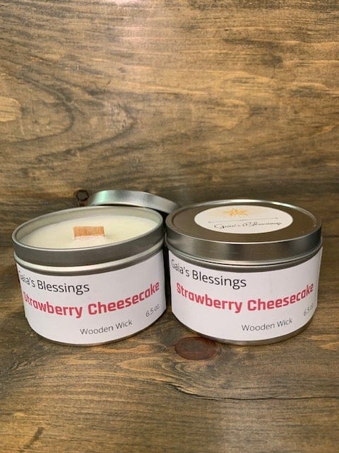 Strawberry cheesecake fragrance candle in tin w/ wood wick