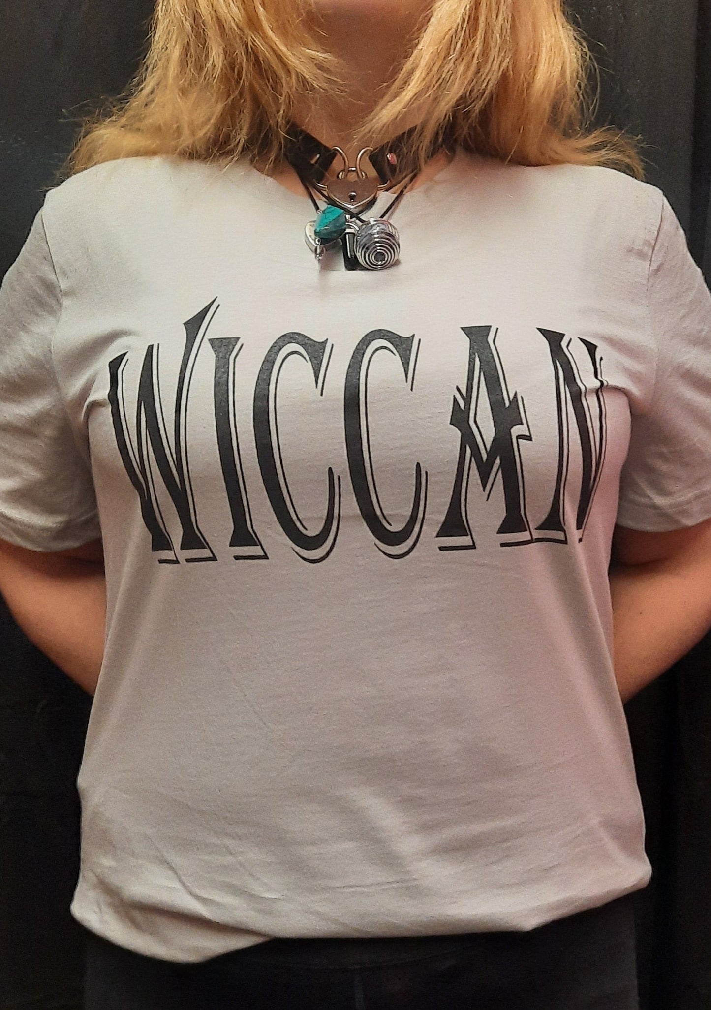 Bella Canvas short sleeve T-Shirt, size large.  "Wiccan" design on front.  Earth, Air, Fire, Water, Spirit design on back.